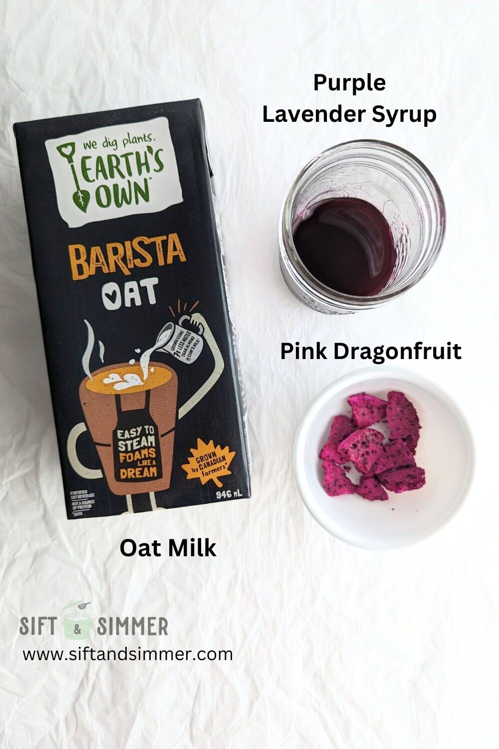 Ingredients for Lavender Oat Chill, including oat milk in packaging, with text overlay.