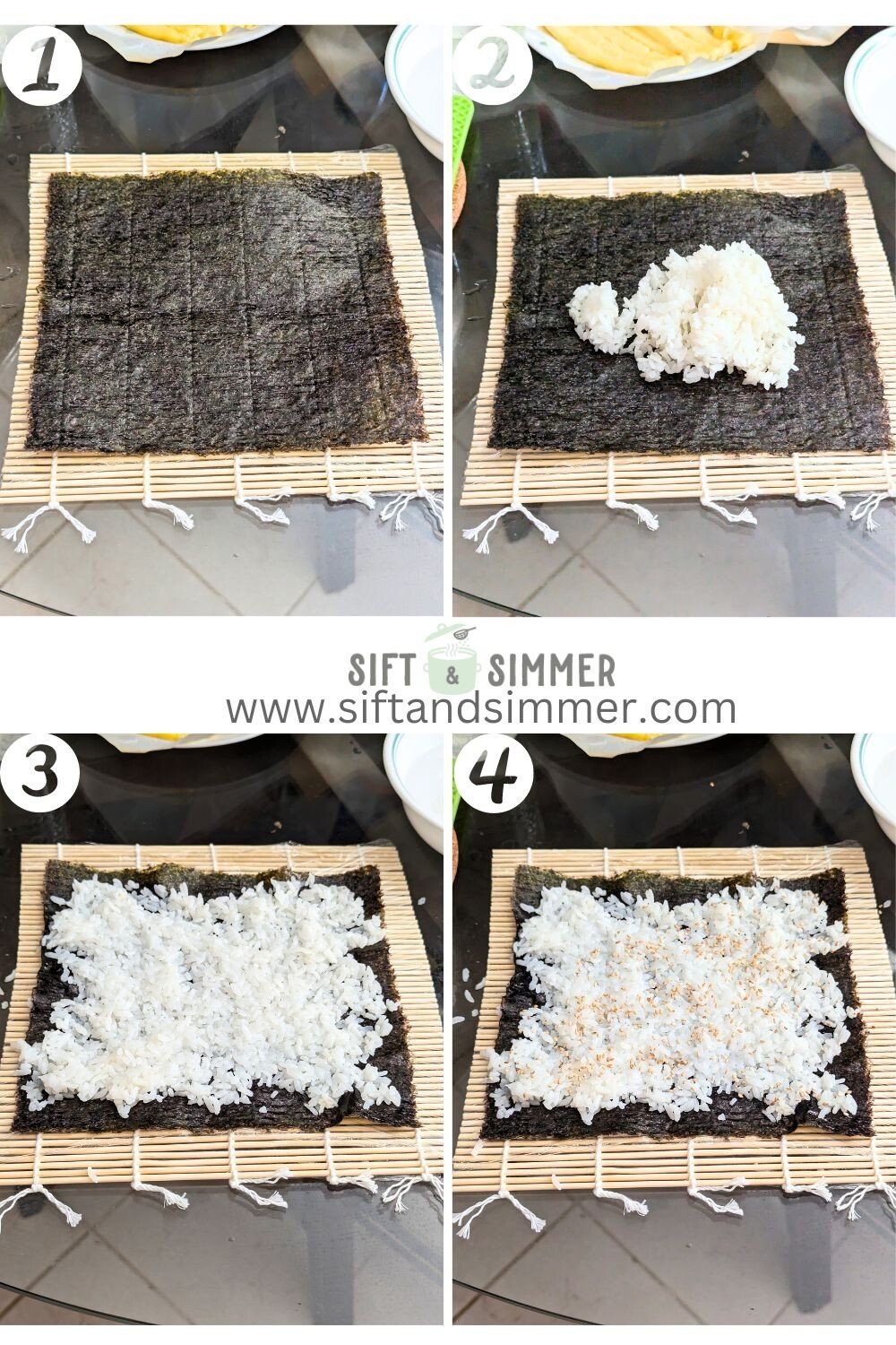 Step by step photos on how to roll sushi, with number overlay.