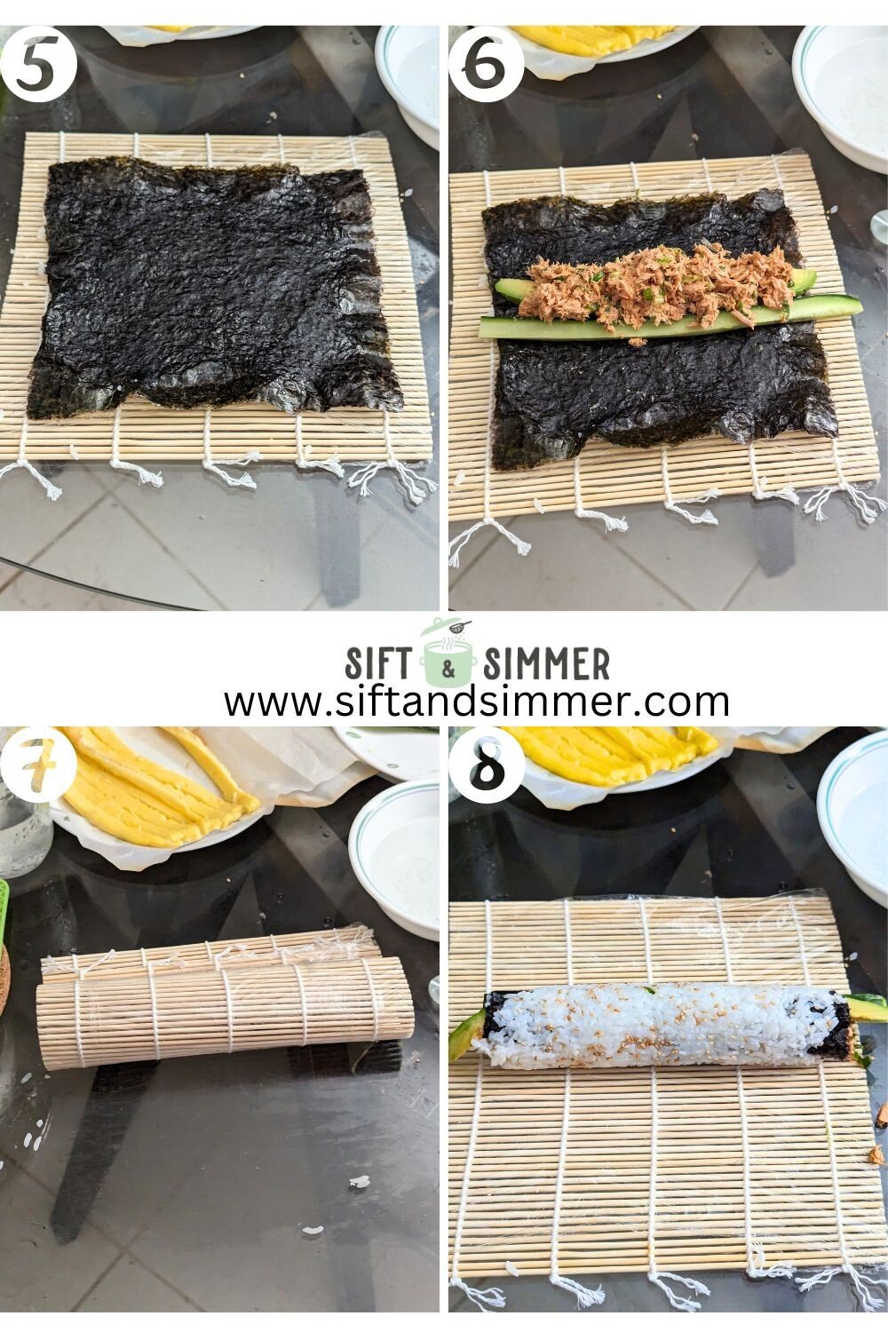 Step by step photos on how to roll sushi, with number overlay.