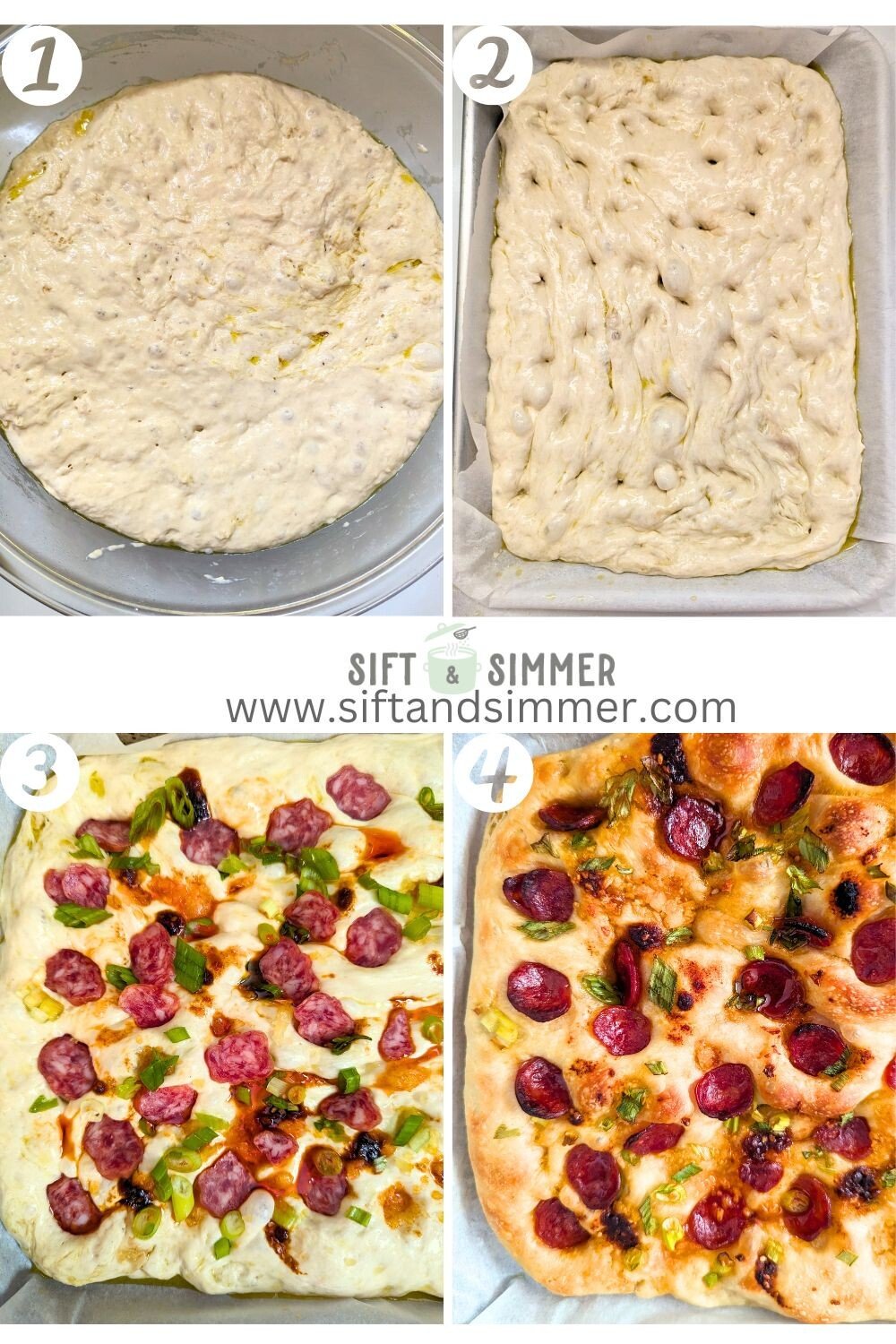 Step by step photos on how to make chili oil focaccia, with number overlay.