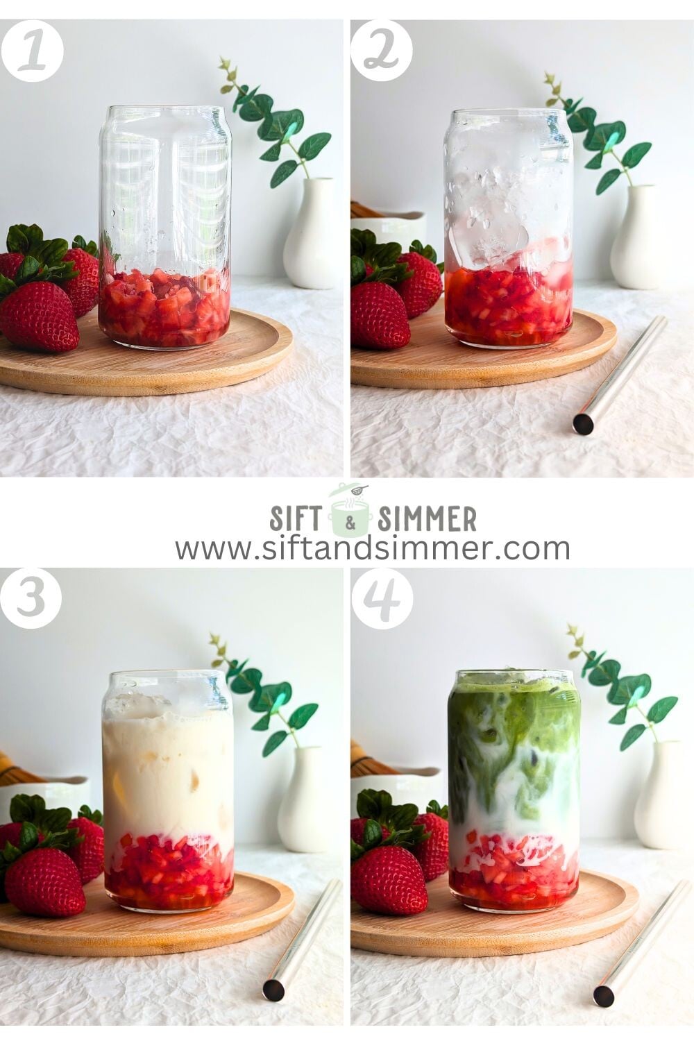 Step by step photos on how to make a matcha strawberry latte, with number overlay.
