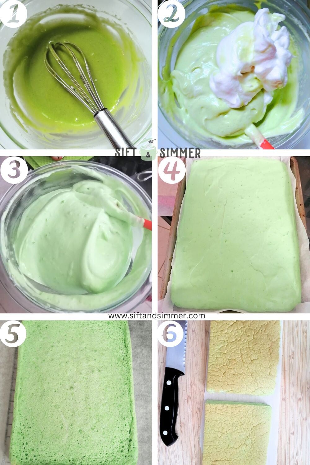 Step by step photos on how to make pandan coconut cream cake, with number overlay.