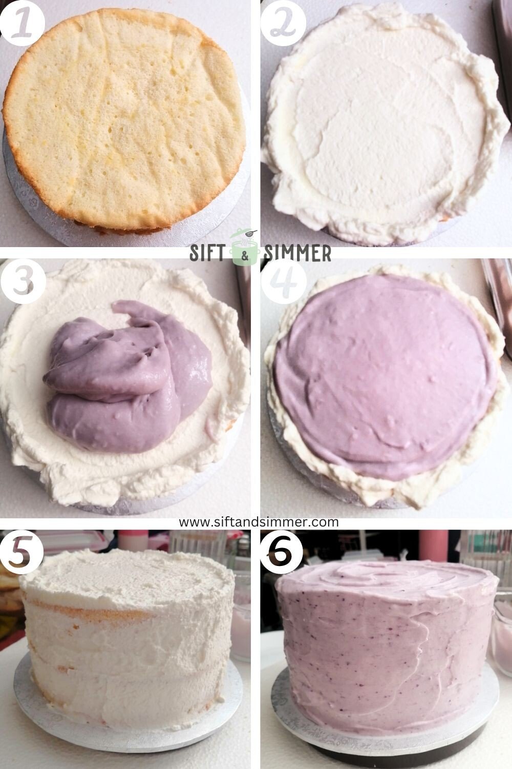 Step by step photos on how to make taro coconut cake, with number overlay.