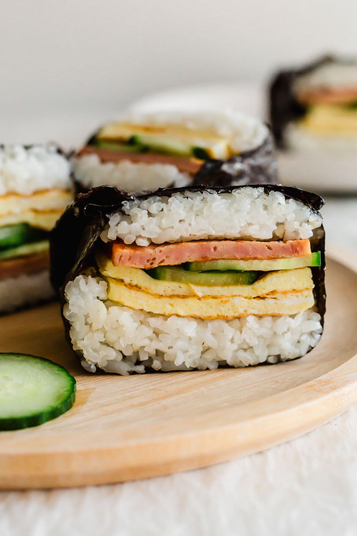 Close up of spam and egg onigirazu.