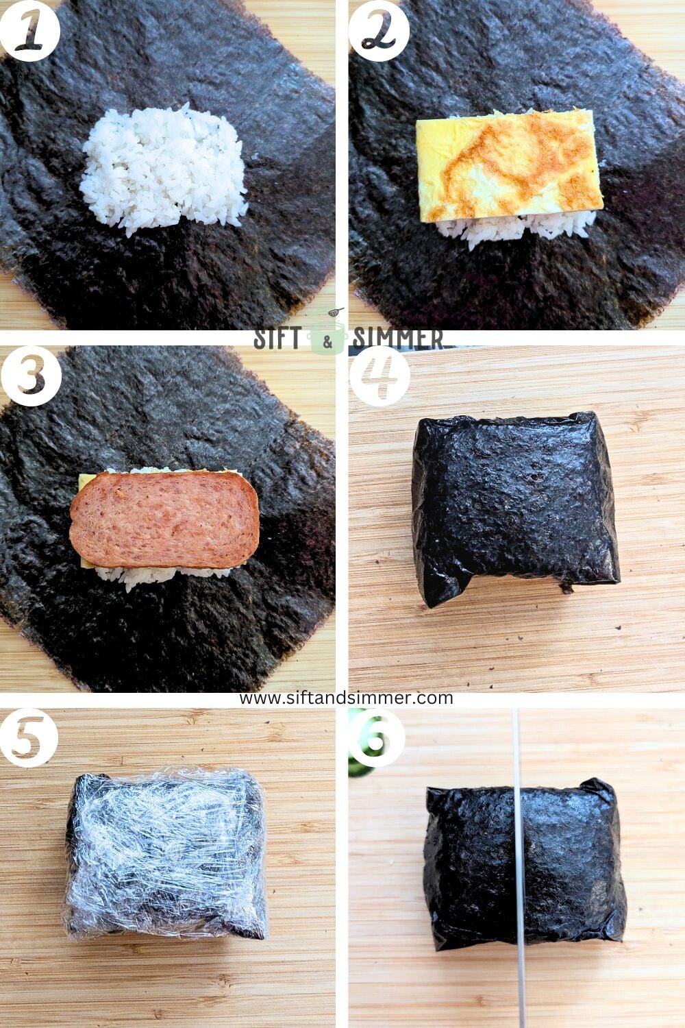 Step by step photos on how to make Japanese onigirazu, with number overlay.