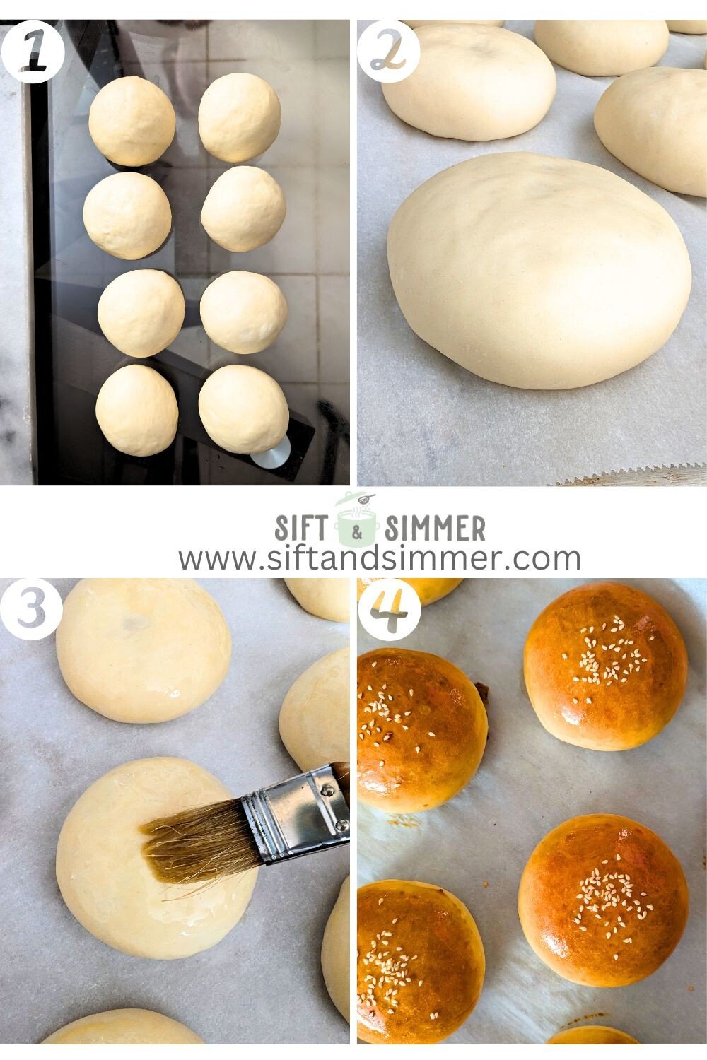 Step by step photos on how to make hamburger buns, with number overlay.