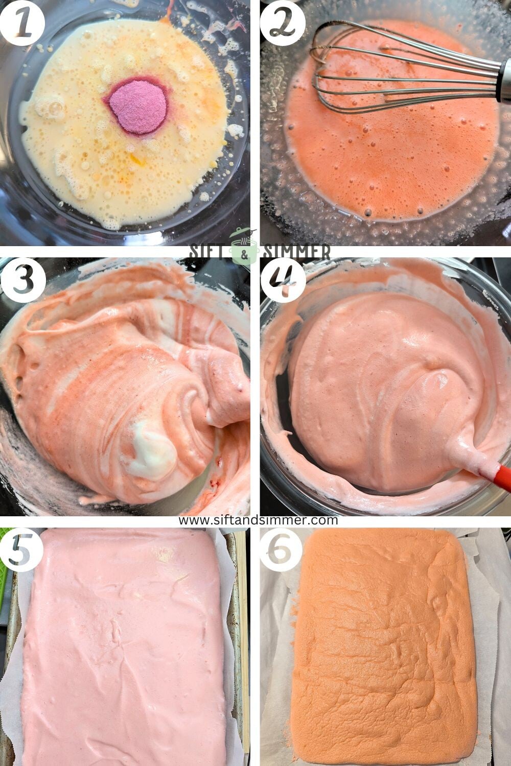 Step by step photos on how to make Cherry Blossom strawberry roll cake, with number overlay.