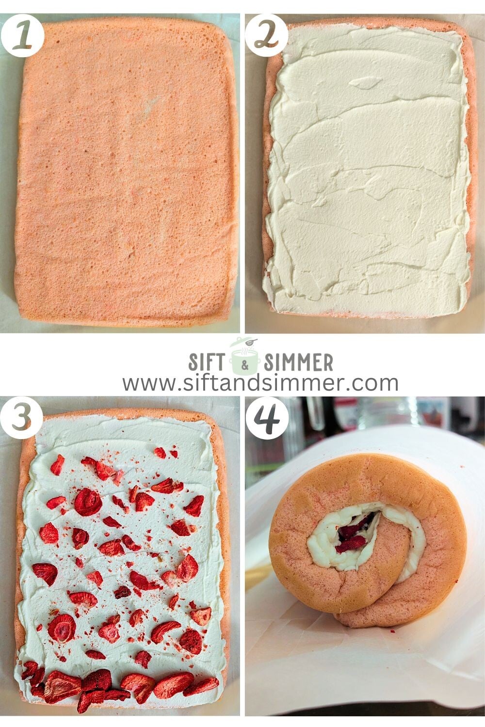 Step by step photos on how to make Cherry Blossom strawberry roll cake, with number overlay.
