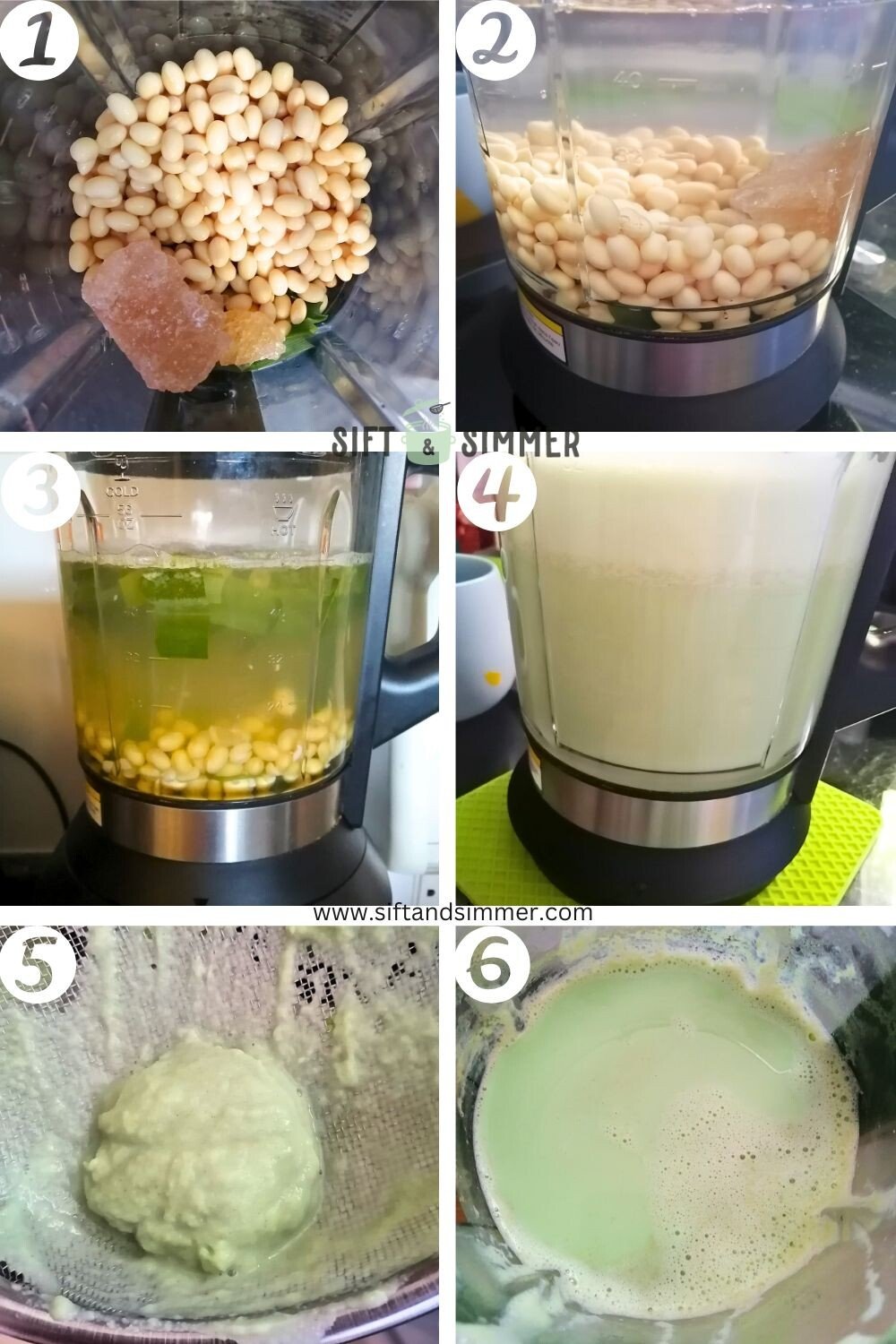 Step by step photos on how to make pandan soy milk in a blender, with number overlay.