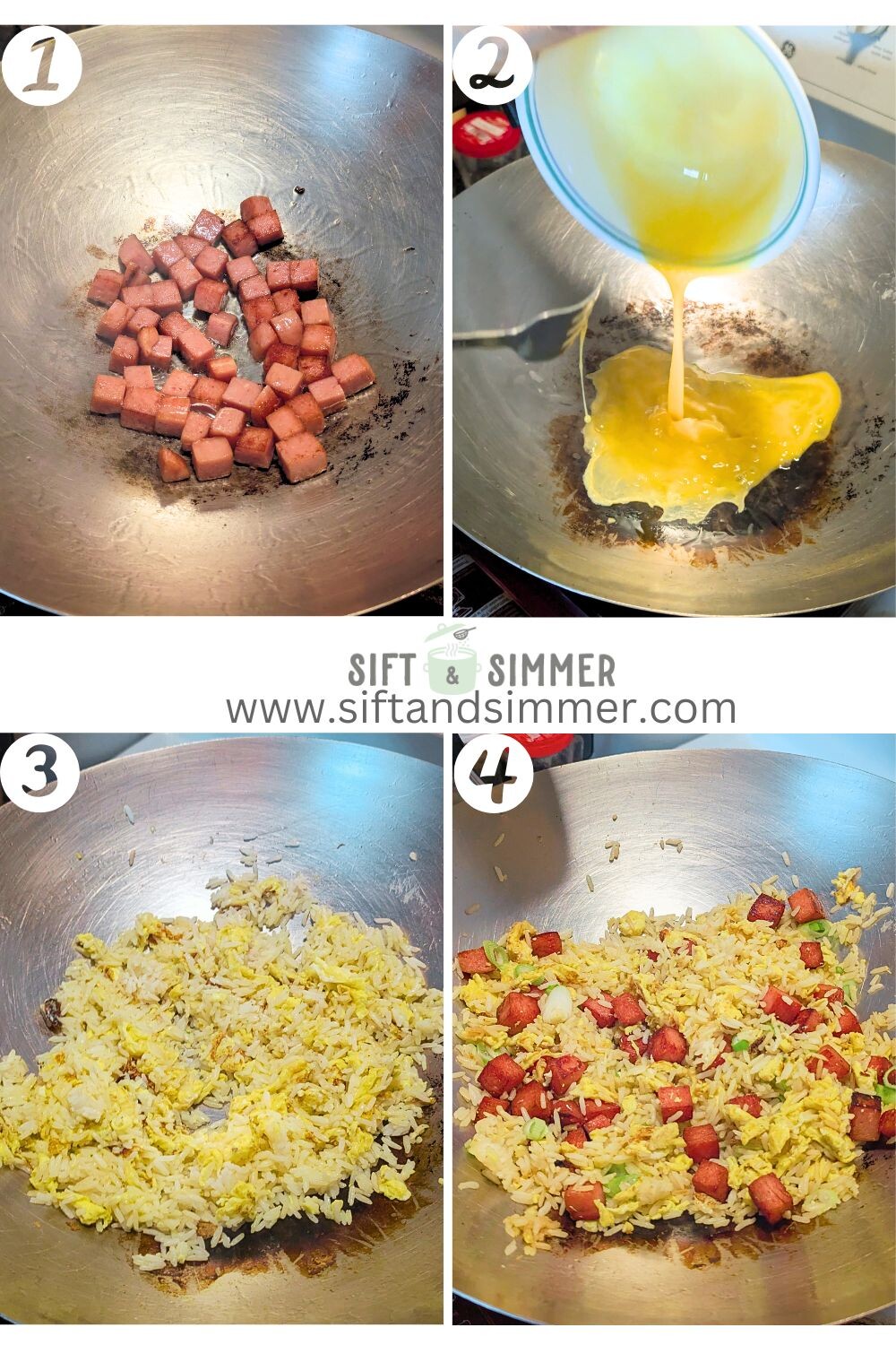 Step by step photos on how to make Spam fried rice, with number overlay.