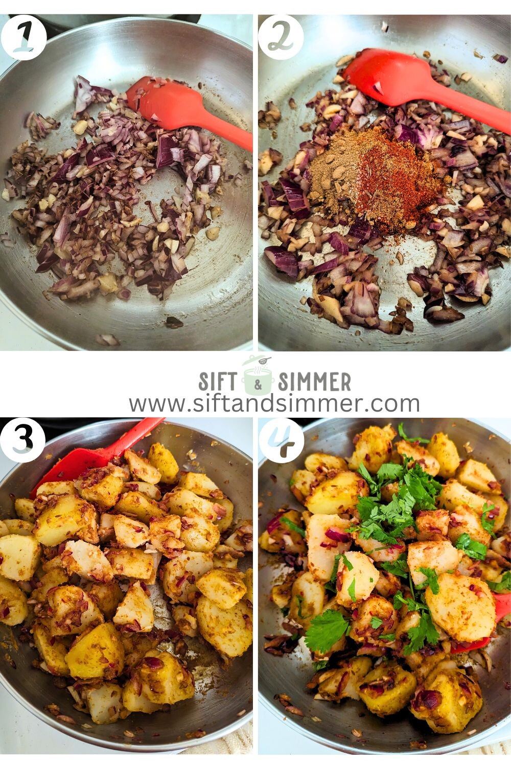 Step by step photos on how to make Aloo Sabzi, with number overlay.