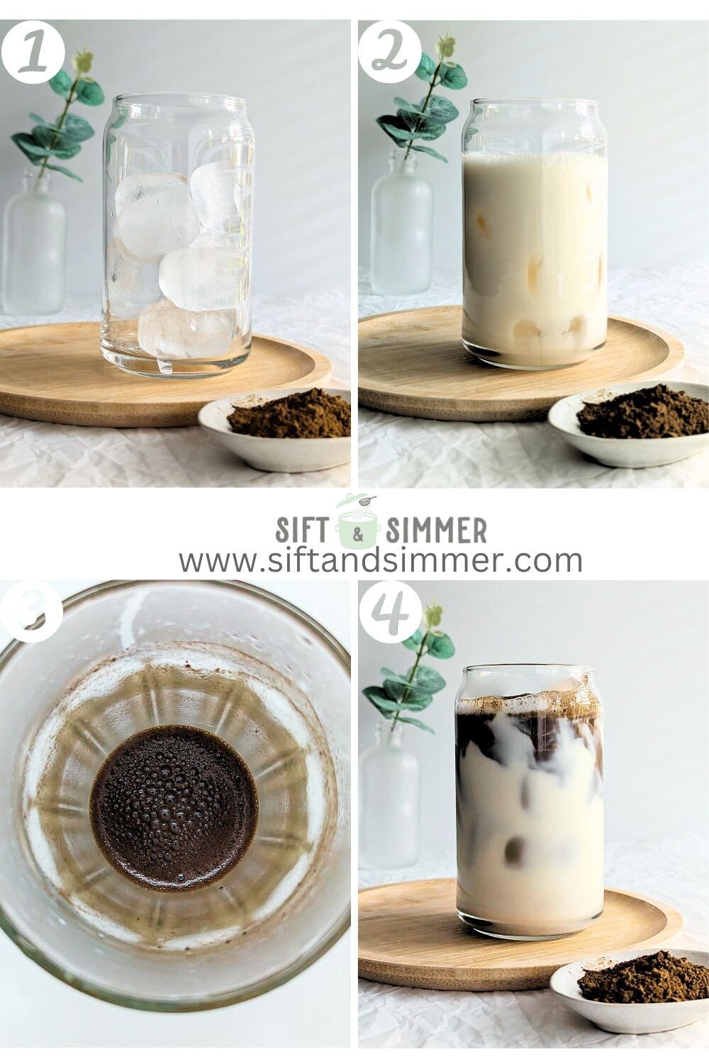 Step by step photos on how to make an Iced hojicha latte, with number overlay.