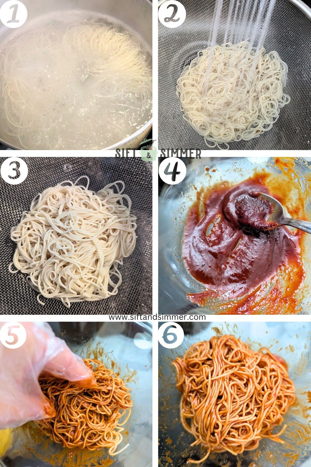 Step by step photos on how to make bibim guksu, with number overlay.