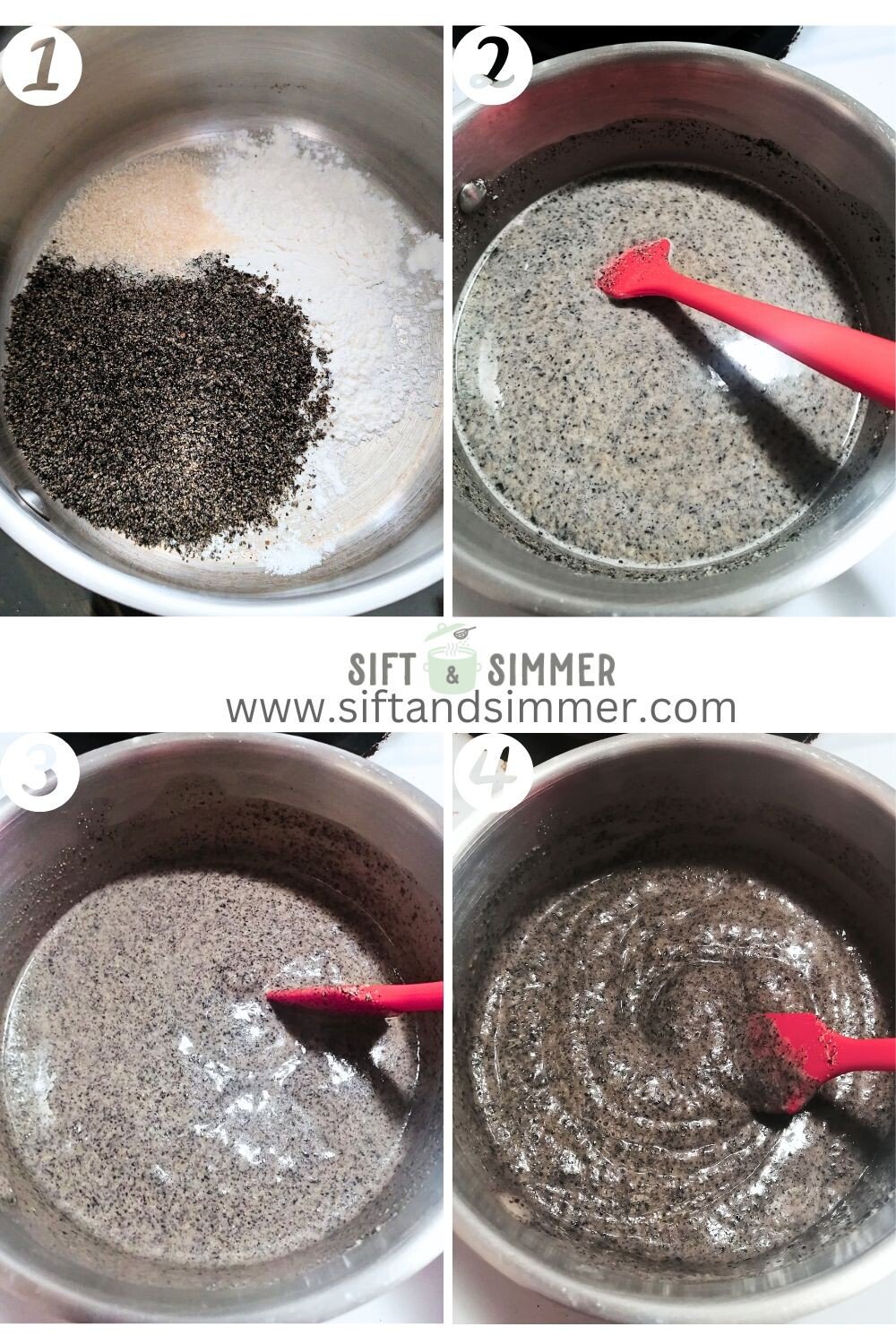 Step by step photos on how to make black sesame soup, with number overlay.