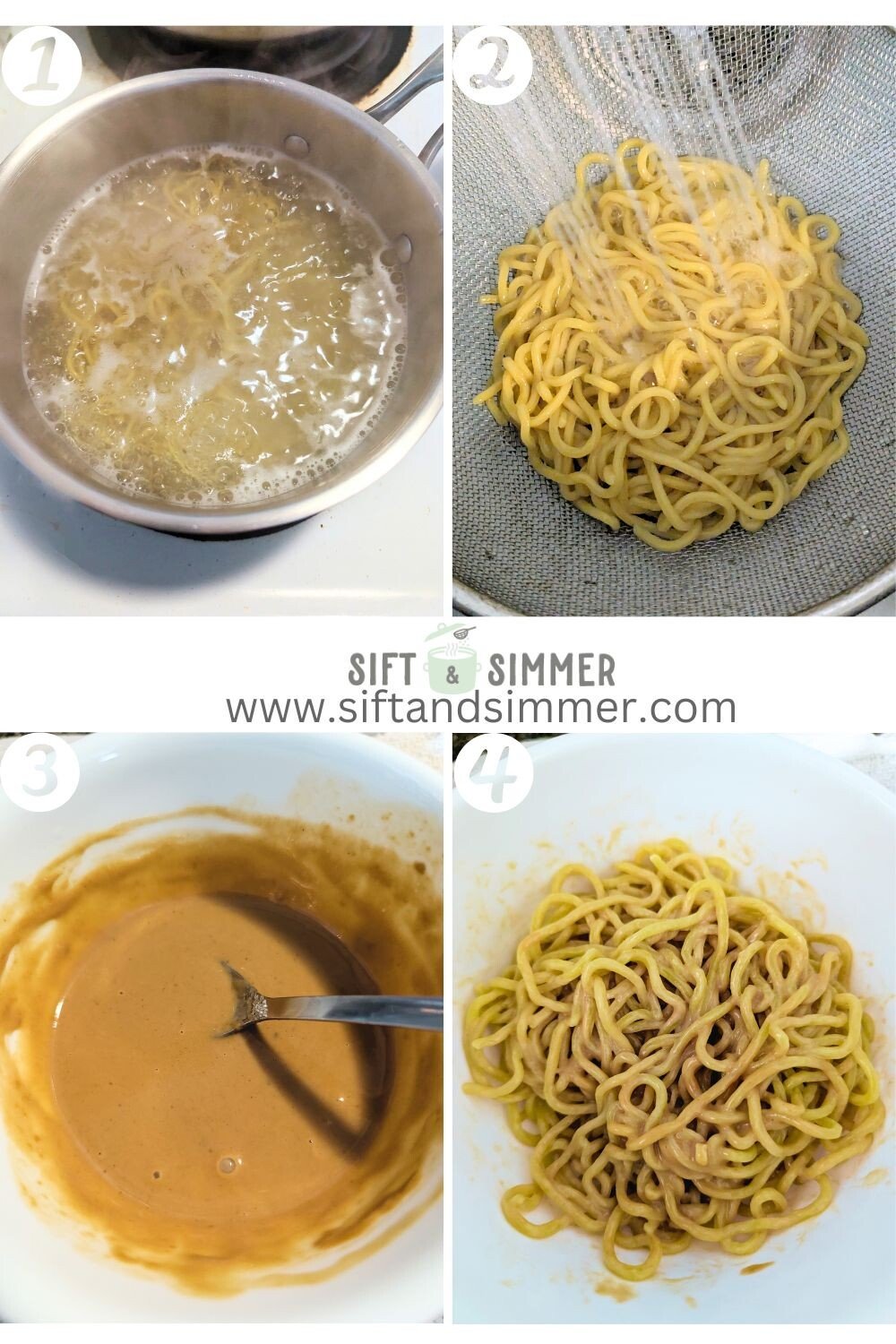 Step by step photos on how to make Chinese cold sesame noodles, with number overlay.