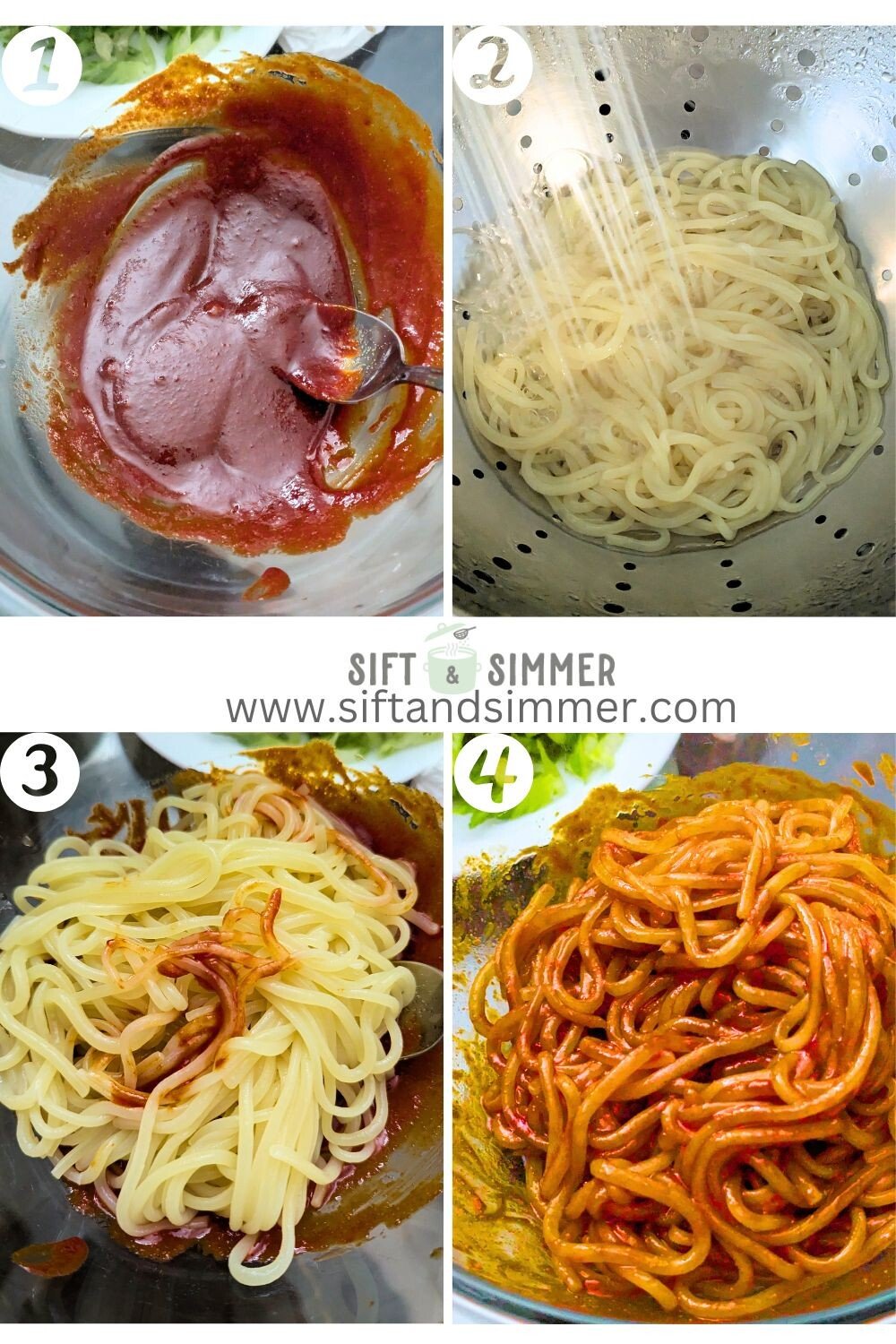 Step by step photos on how to make Korean jjolmyeon, with number overlay.