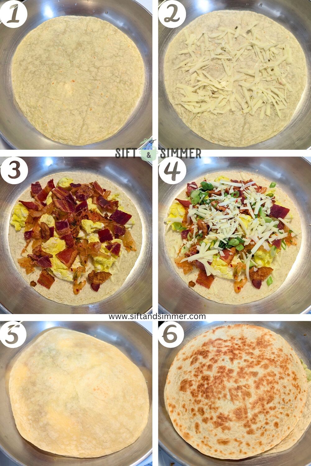 Step by step photos on how to make kimchi bacon quesadillas, with number overlay.