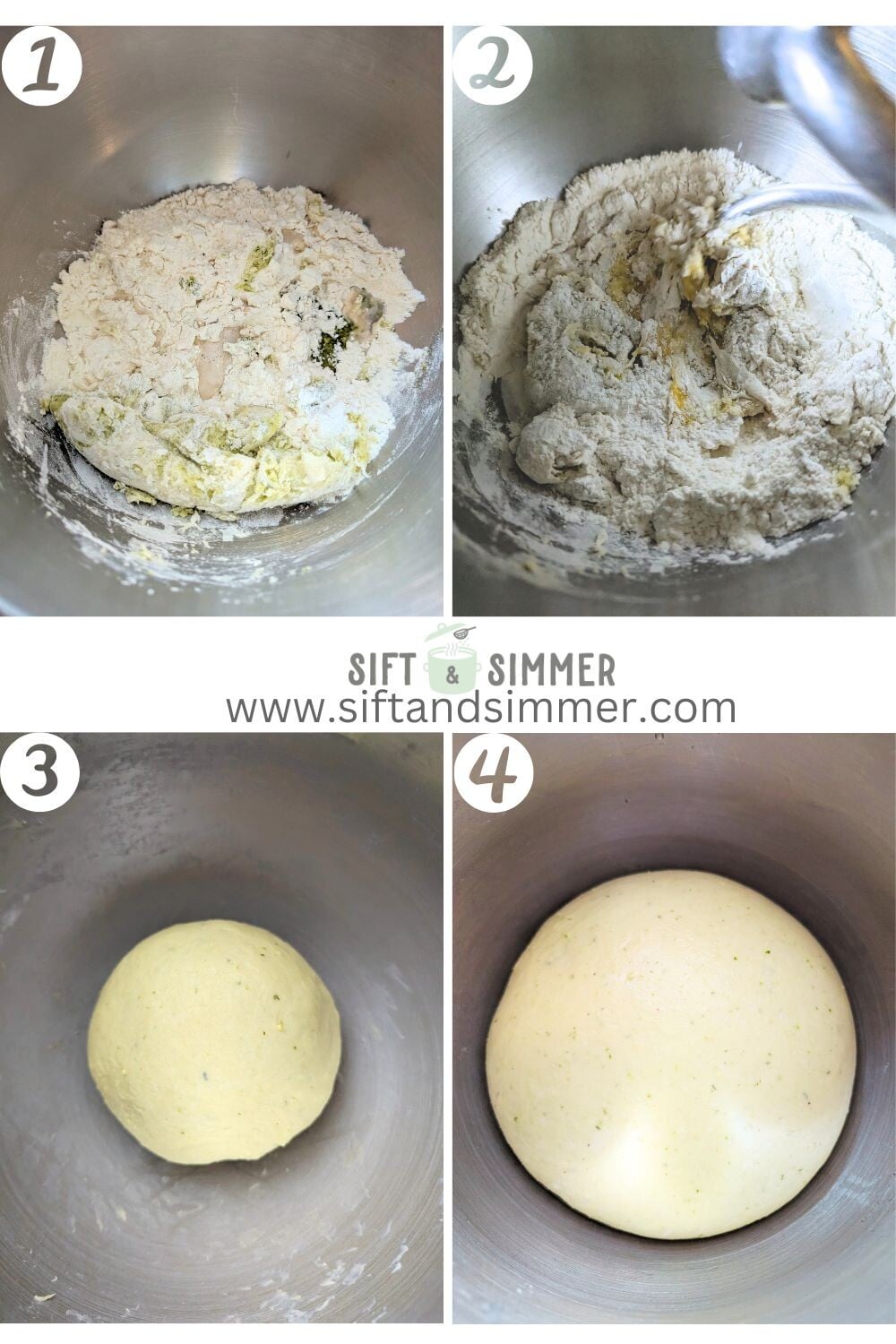 Step by step photos on how to make dough for garlic meatball knots, with number overlay.