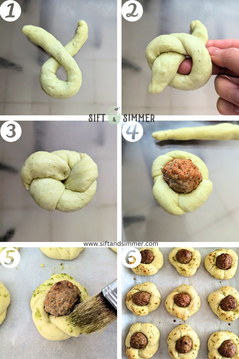Step by step photos on how to make dough for garlic meatball knots, with number overlay.