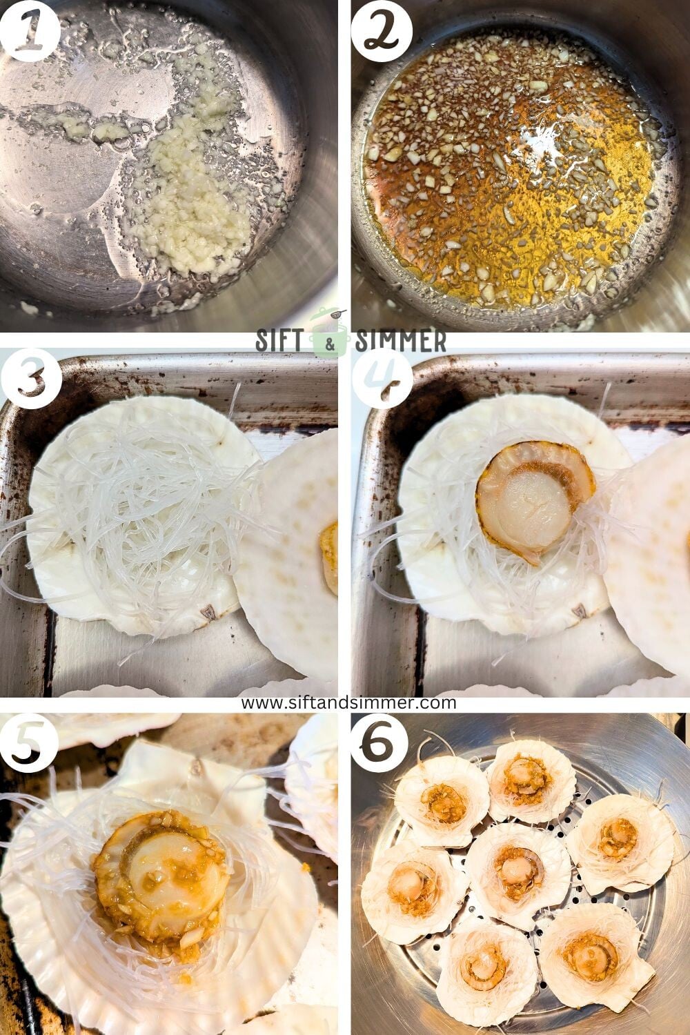 Step by step photos on how to make steamed Chinese-style scallops, with number overlay.