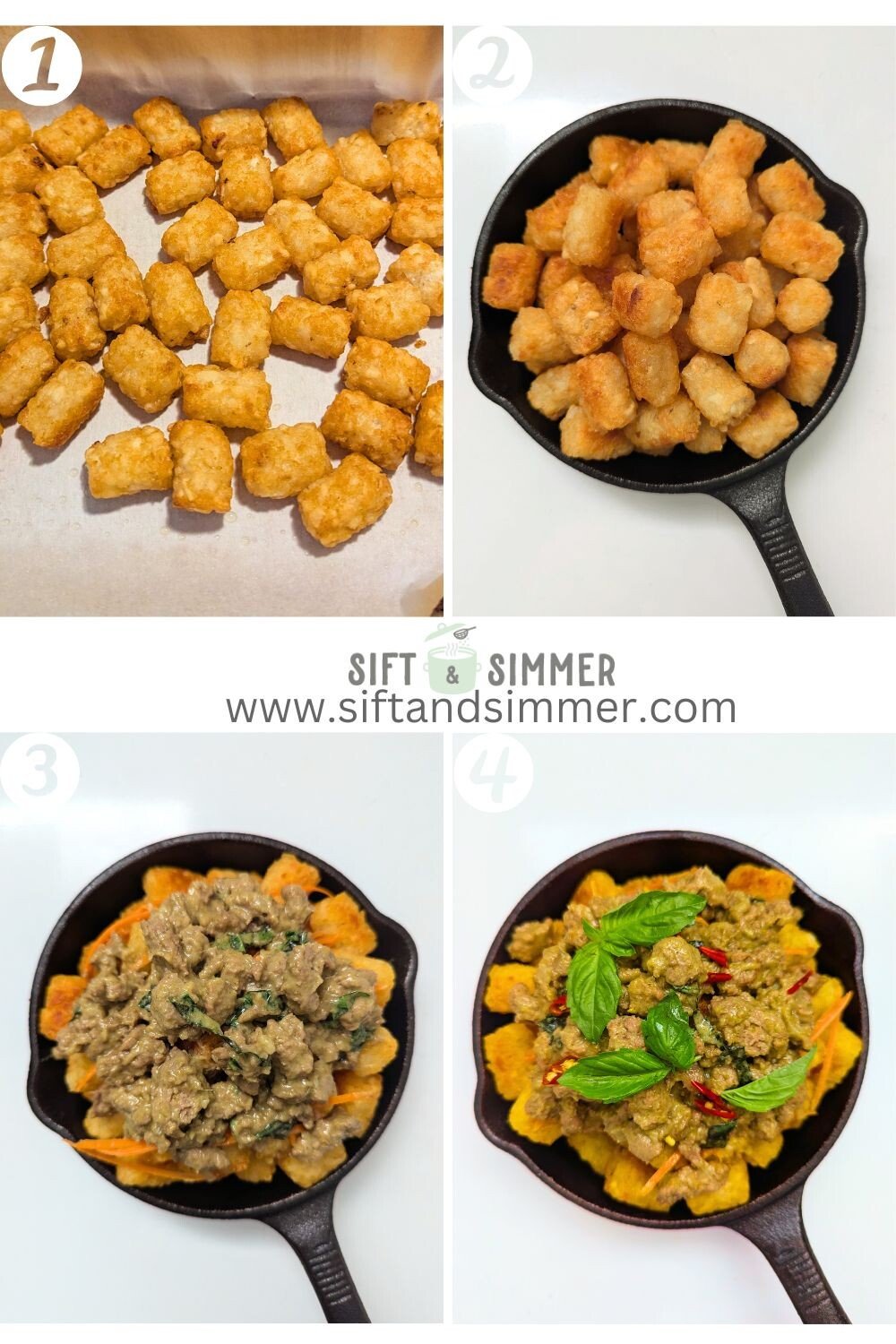 Step by step photos on how to make Thai green curry chicken totchos, with number overlay.