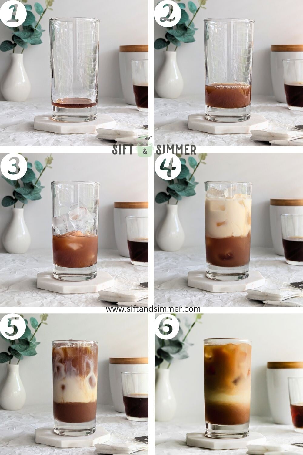 Step by step photos on how to make dirty earl grey latte, with number overlay.