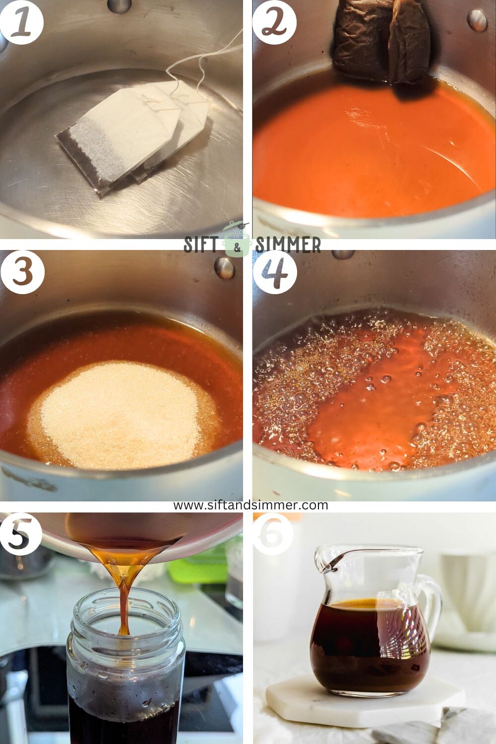 Step by step photos on how to make Earl Grey syrup, with number overlay.