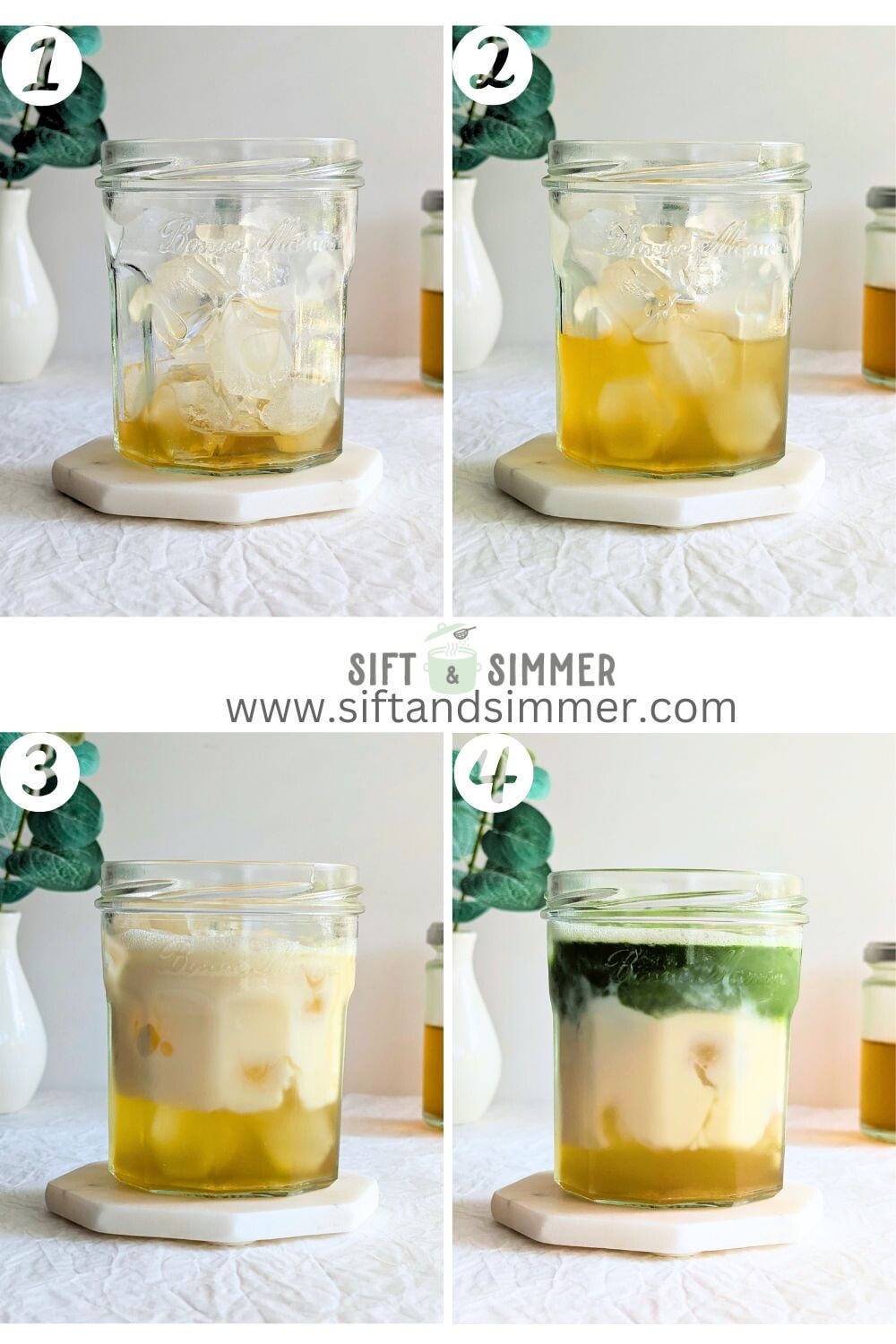 Step by step photos on how to make jasmine matcha latte, with number overlay.
