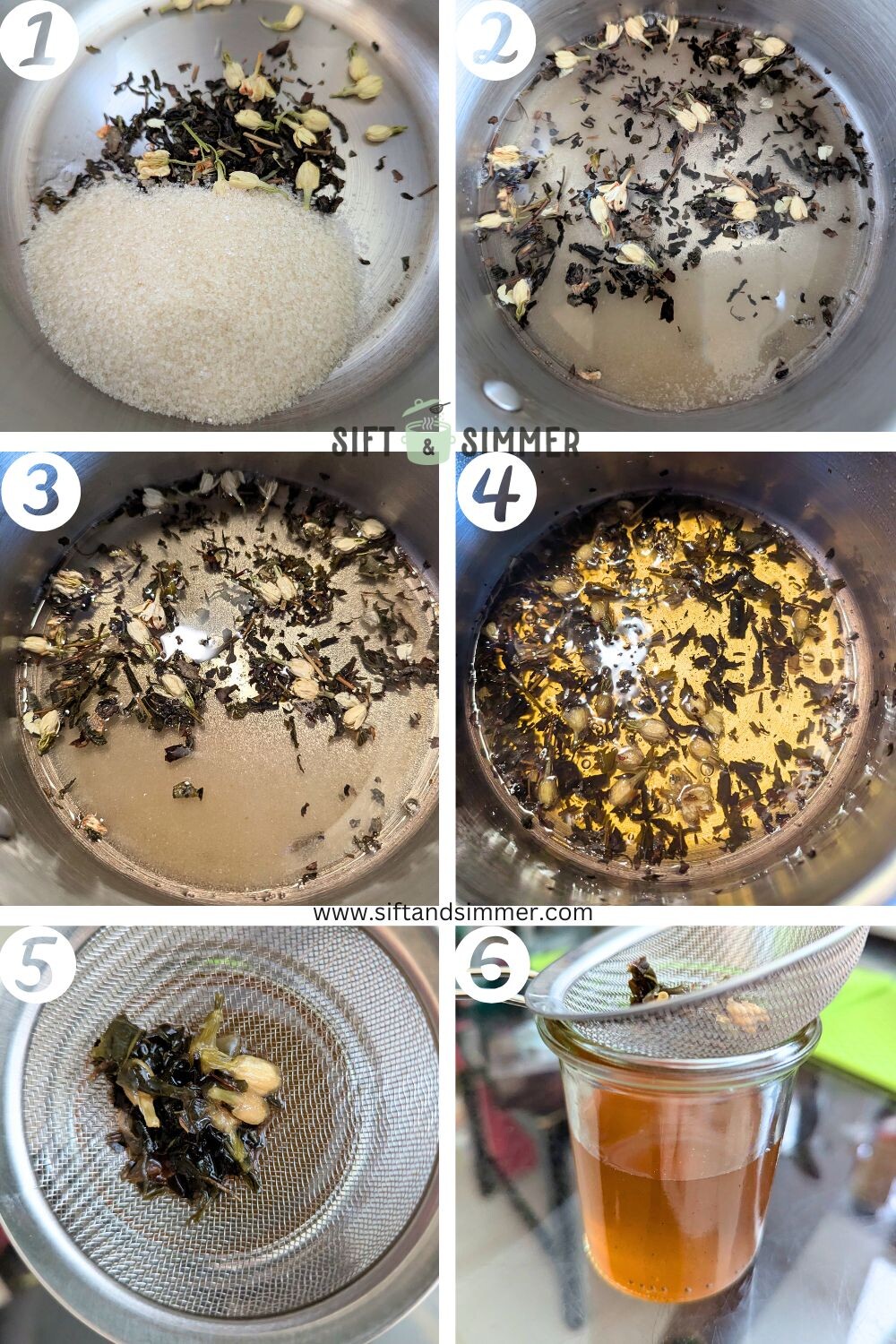 Step by step photos on how to make jasmine syrup, with number overlay.
