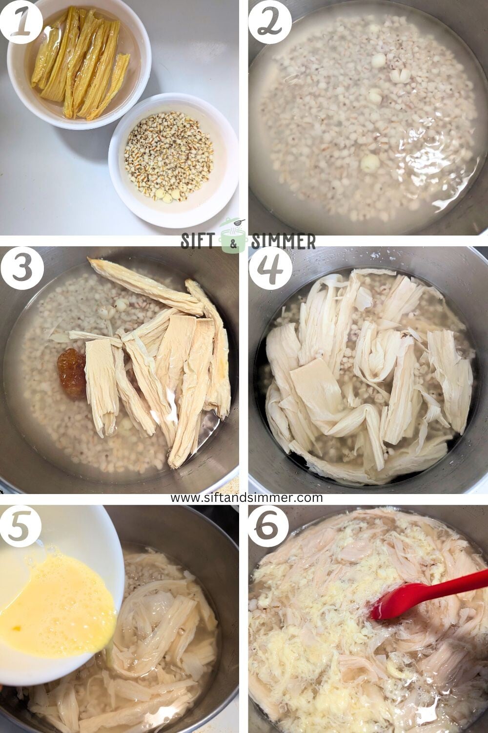 Step by step photos on how to make Chinese Job's tears dessert soup, with number overlay.