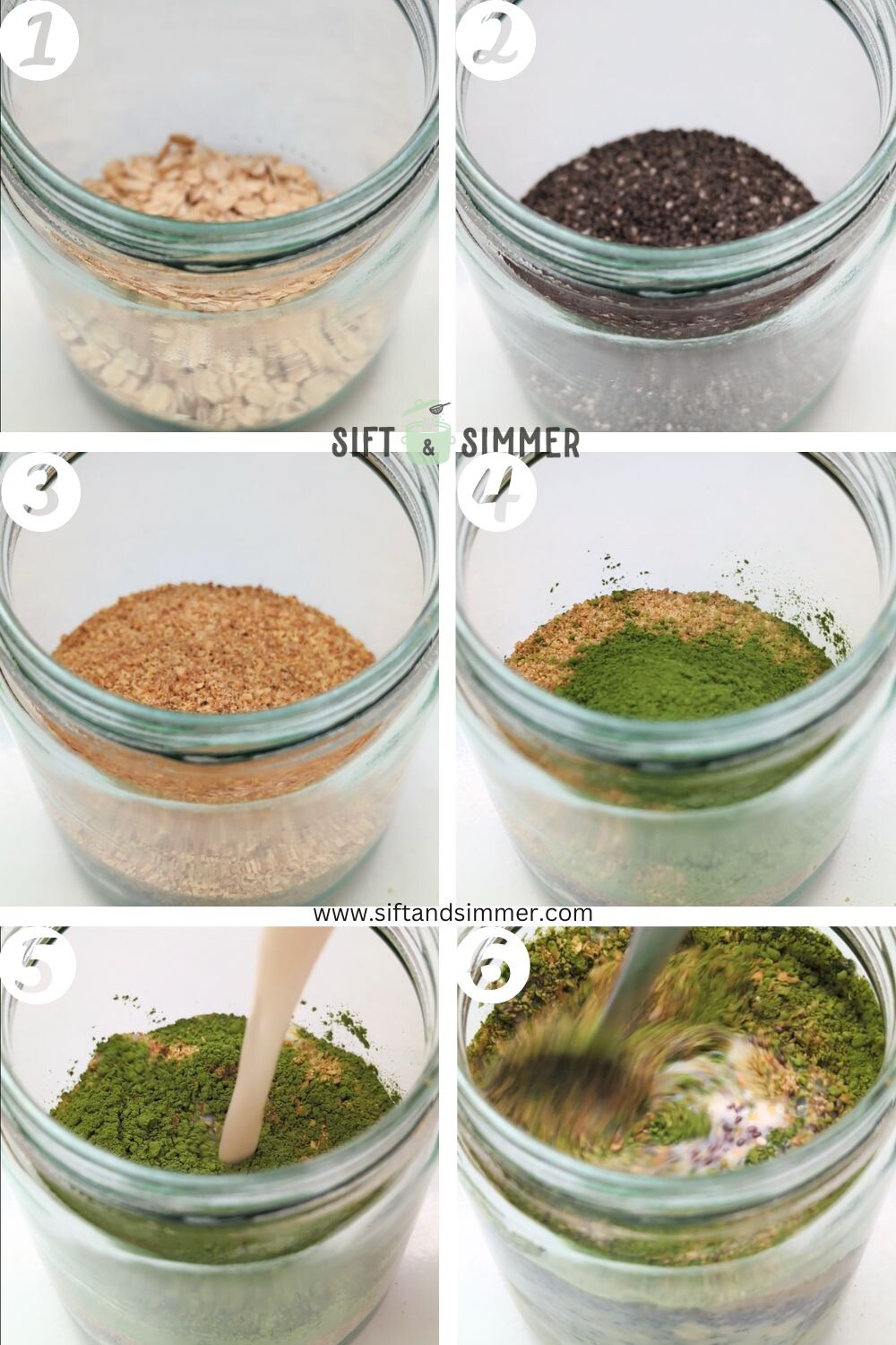 Step by step photos on how to make matcha overnight oats, with number overlay.