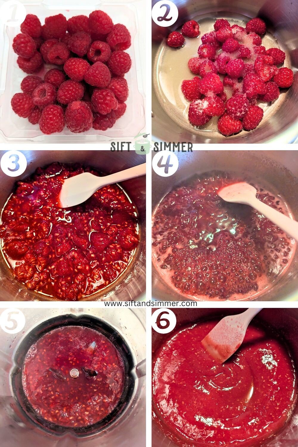 Step by step photos on how to make raspberry sauce, with number overlay.