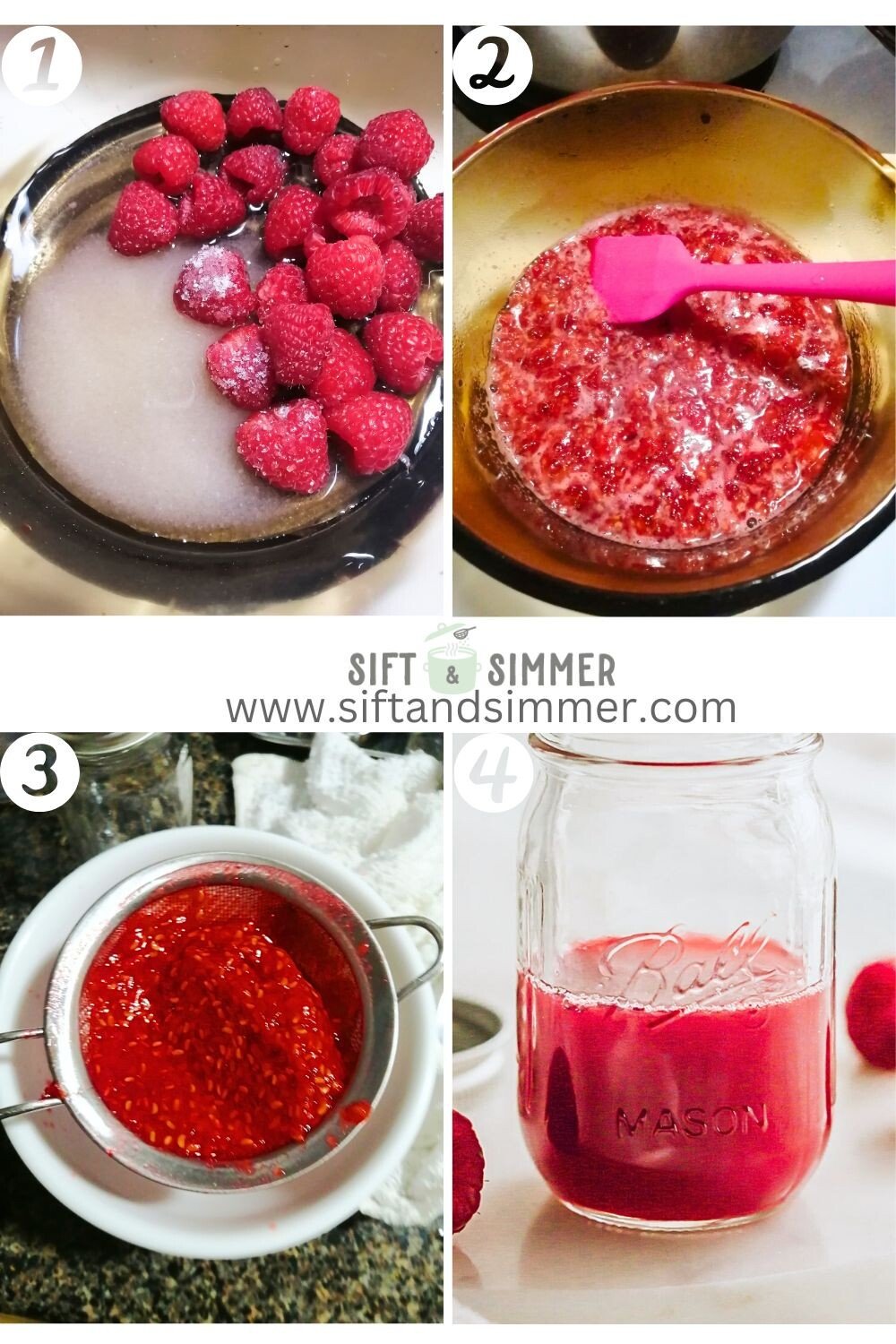 Step by step photos on how to make raspberry syrup, with number overlay.