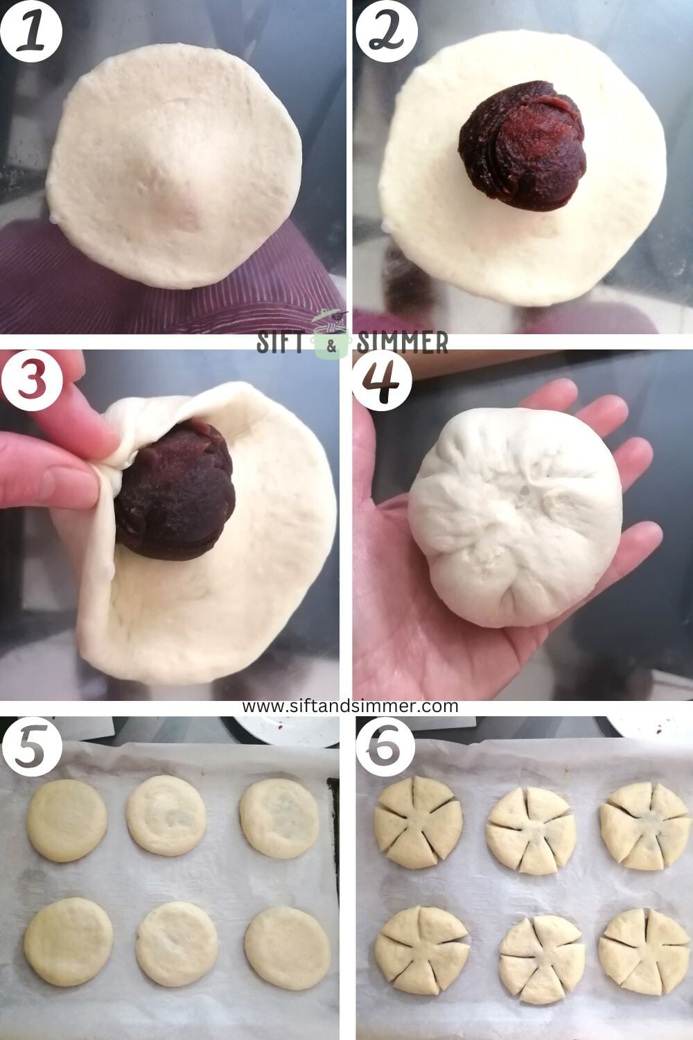 Step by step photos on how to make flower petal red bean buns, with number overlay.