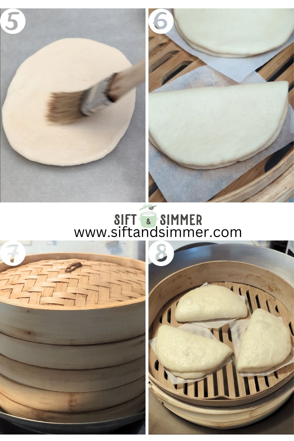 Step by step photos on how to make Chinese steamed bao buns, with number overlay.