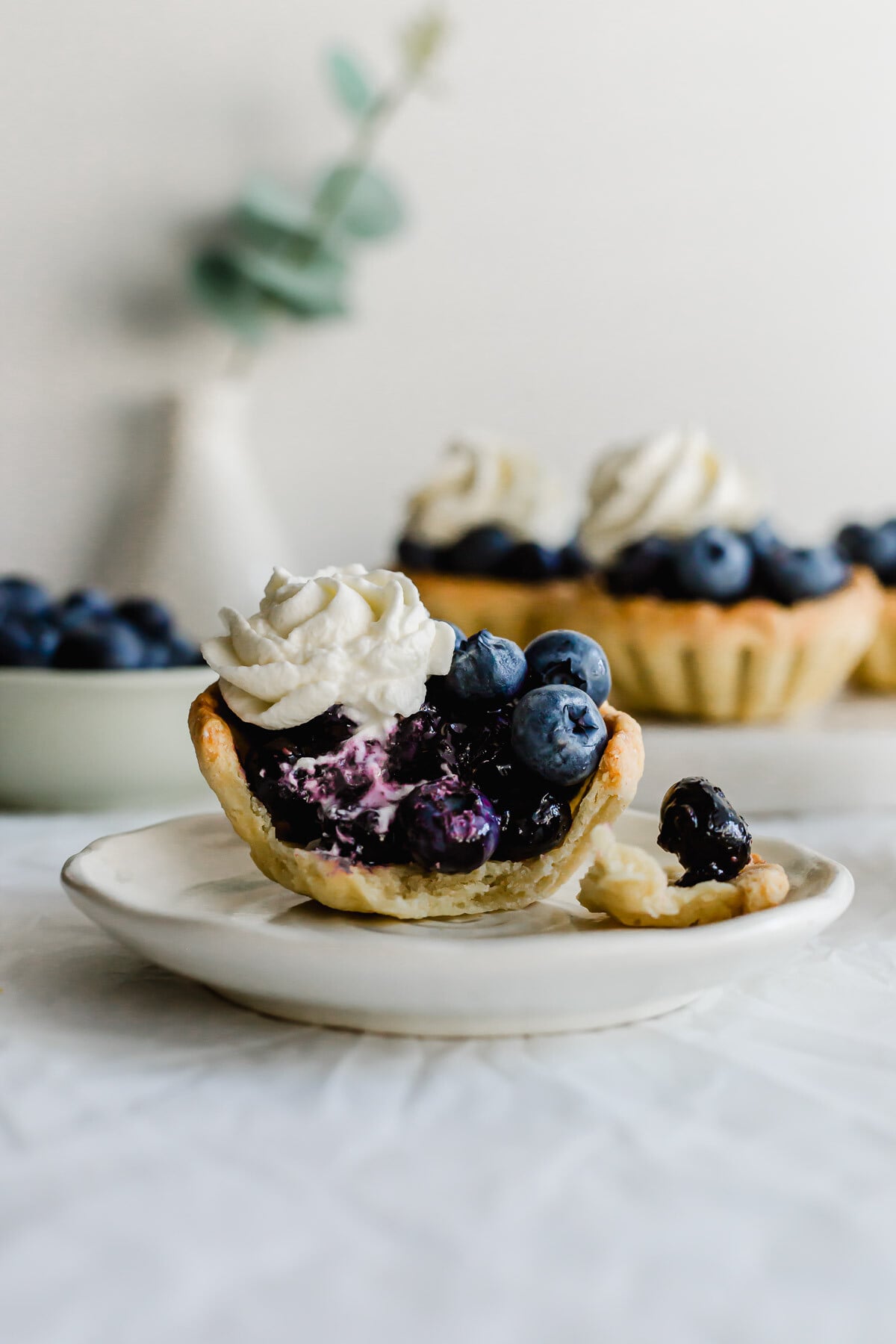 Mini blueberry tart with the interior showing, on a white dish.