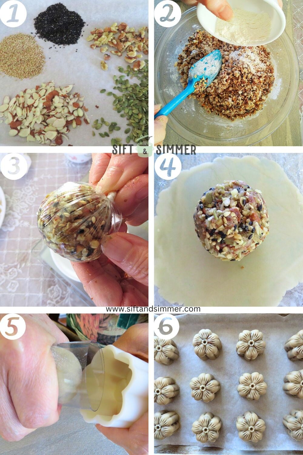 Step by step photos on how to make Chinese mixed nut mooncakes, with number overlay.