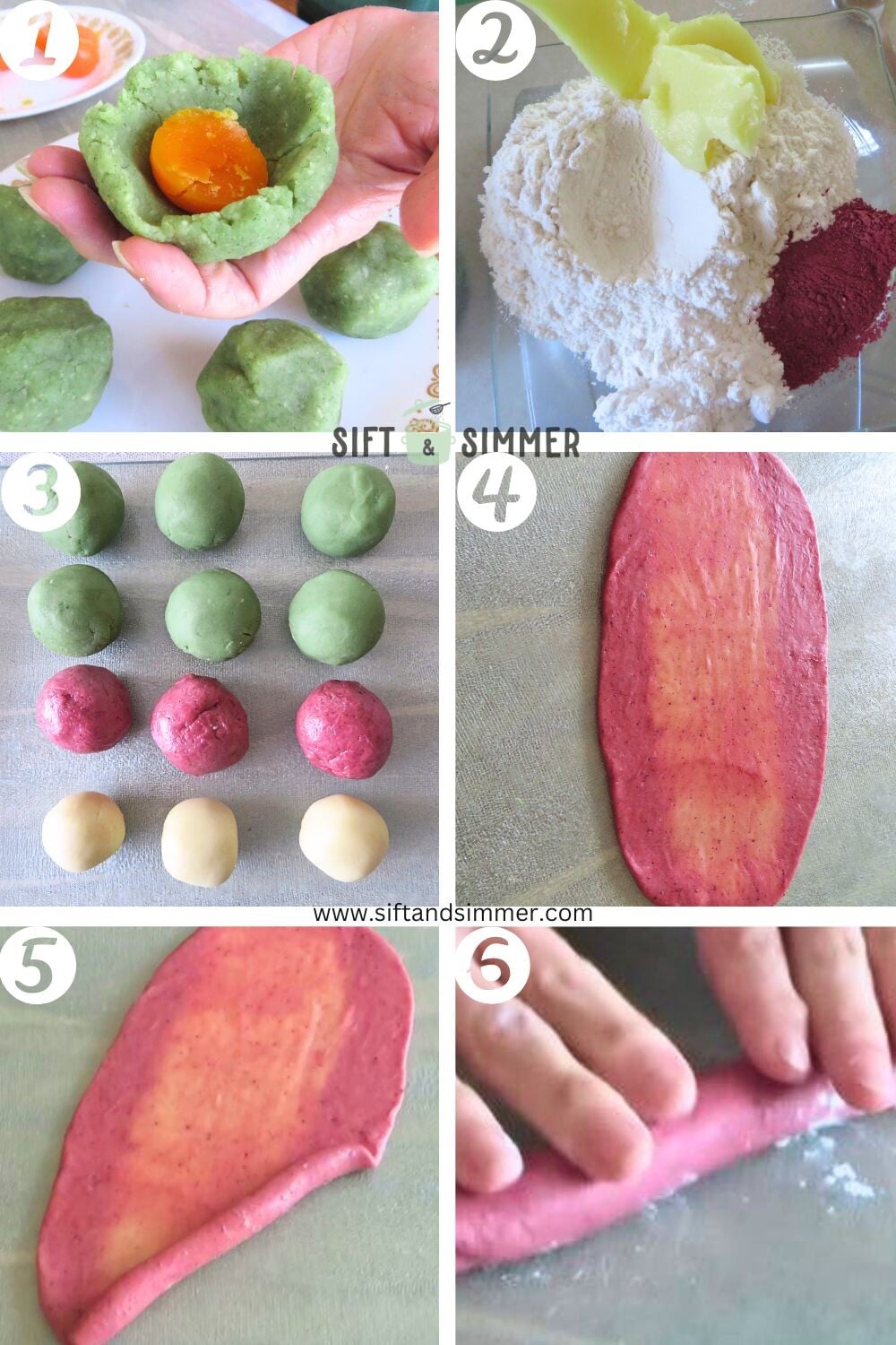 Step by step photos on how to make Teochew spiral mooncakes, with number overlay.
