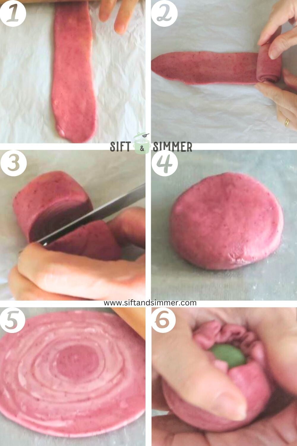 Step by step photos on how to make Teochew spiral mooncakes, with number overlay.