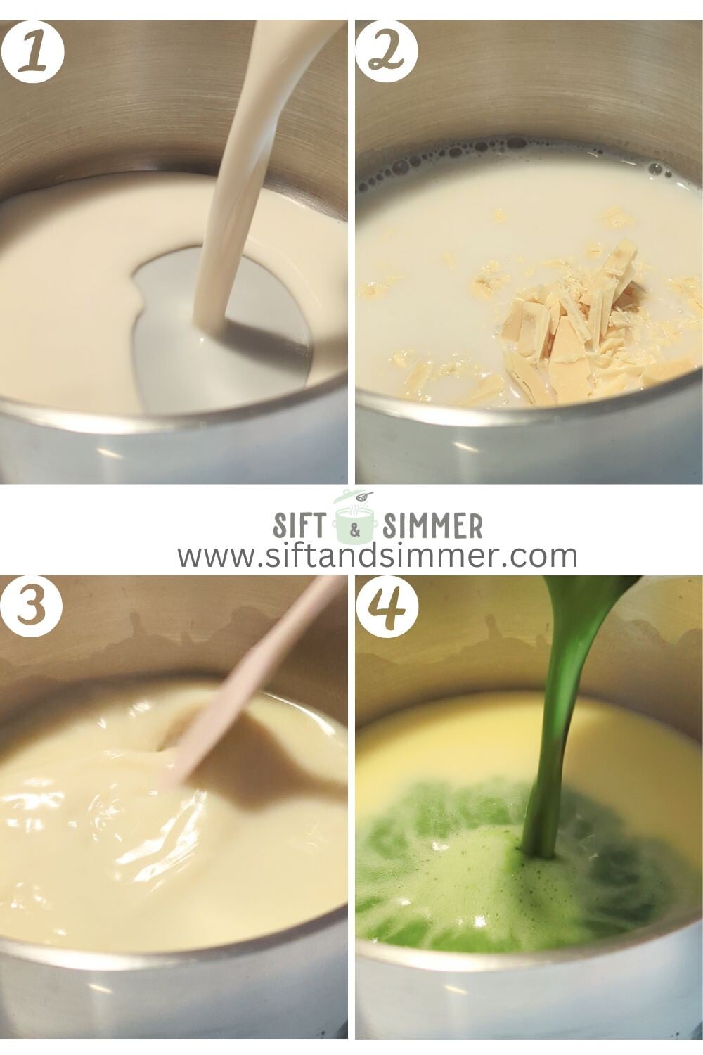 Step by step photos on how to make matcha white hot chocolate, with number overlay.