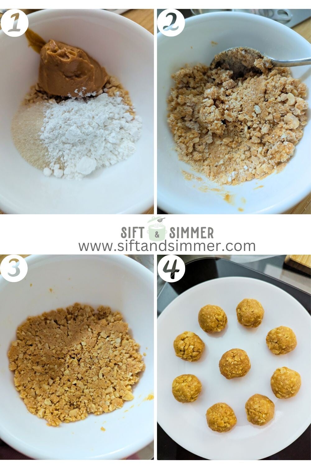 Step by step photos on how to make peanut tang yuan filling, with number overlay.