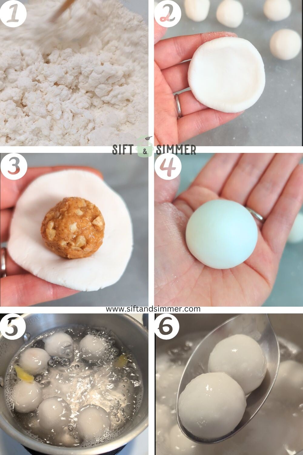 Step by step photos on how to make peanut tang yuan, with number overlay.