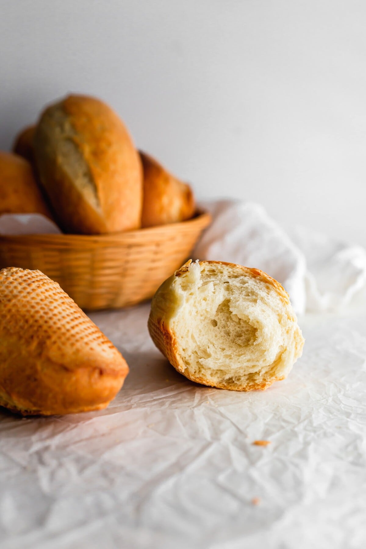 A torn Vietnamese banh mi baguette.
