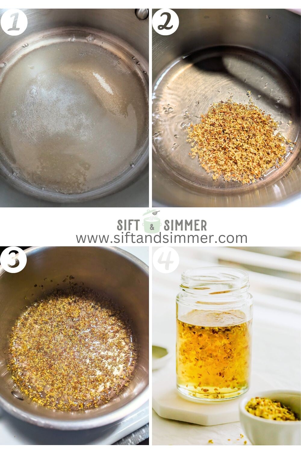 Step by step photos on how to make osmanthus syrup, with number overlay.