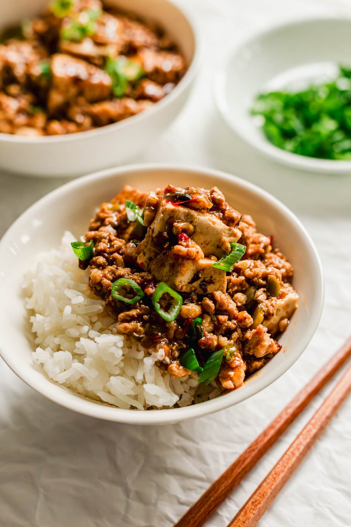 A bowl of rice topped with mapo tofu.