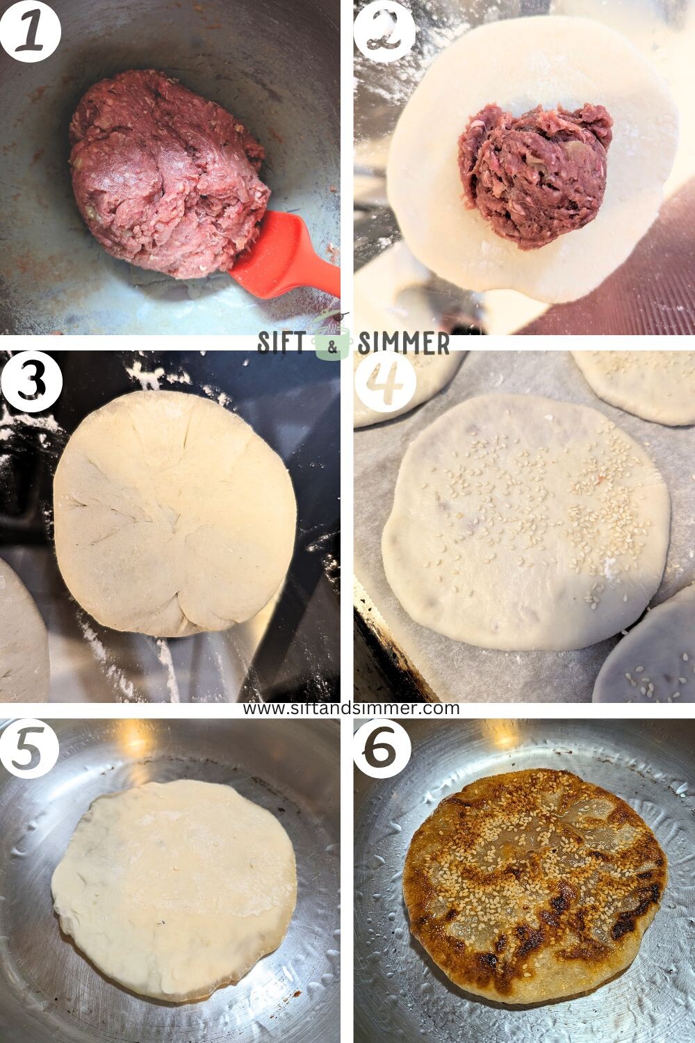 Step by step photos on how to make crispy Chinese beef pancakes, with number overlay.