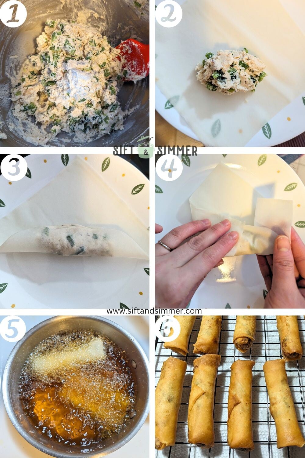 Step by step photos on how to make Jalapeno chicken egg rolls, with number overlay.