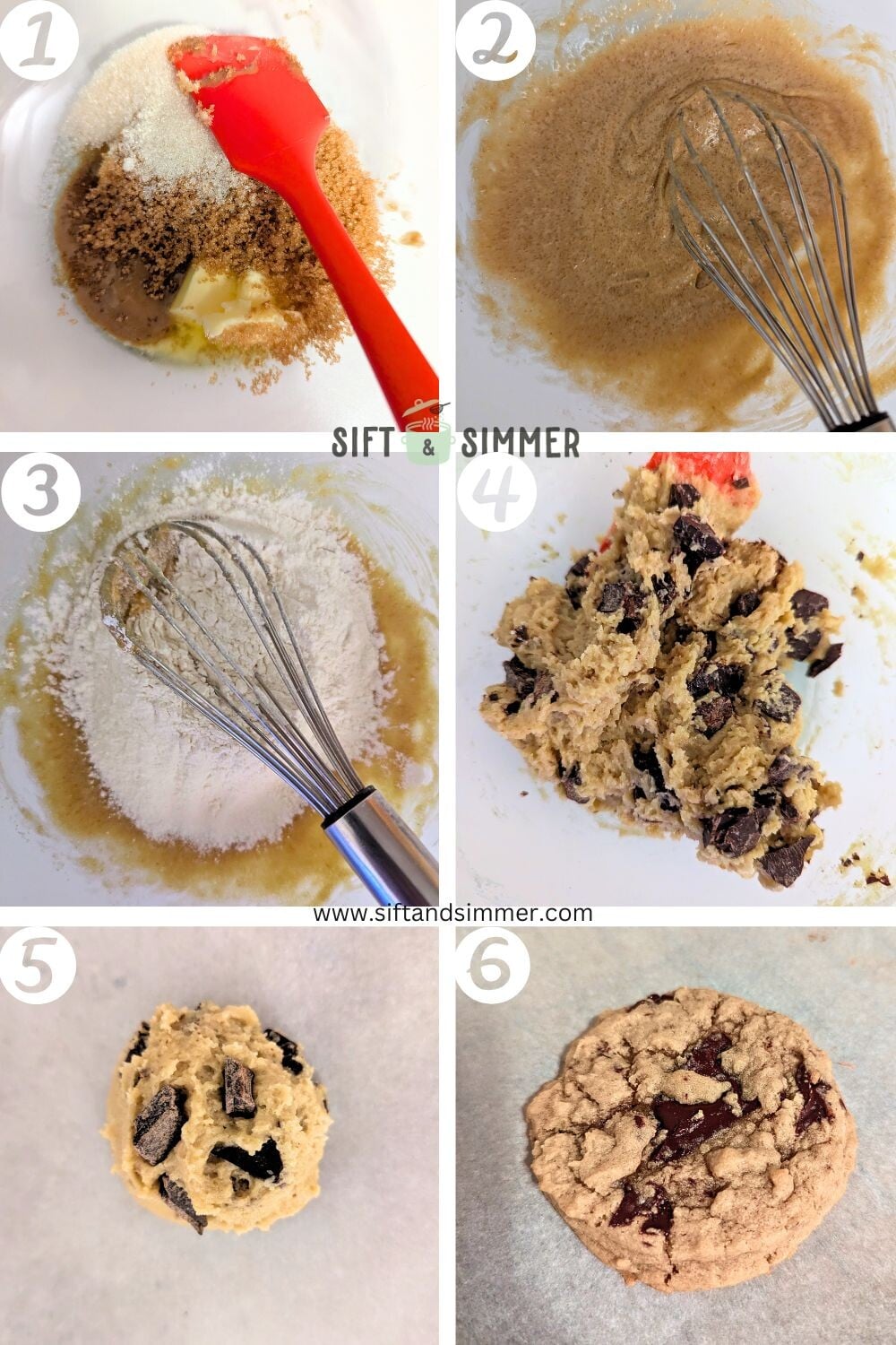 Step by step photos on how to make chocolate tahini cookies, with number overlay.
