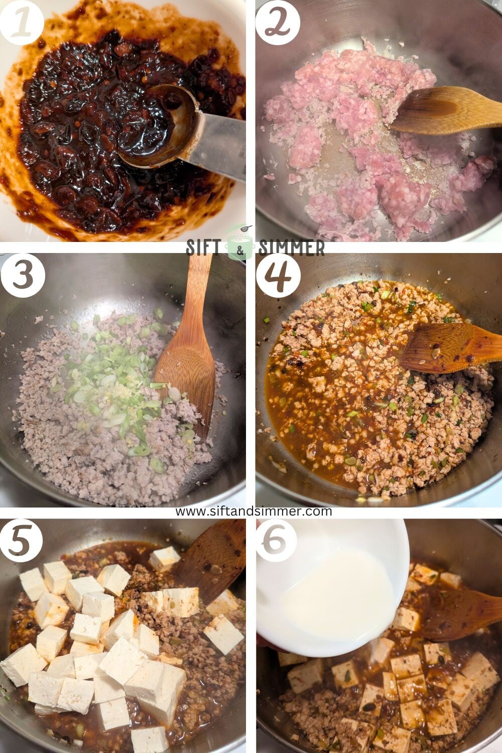 Step by step photos on how to make mapo tofu, with number overlay.