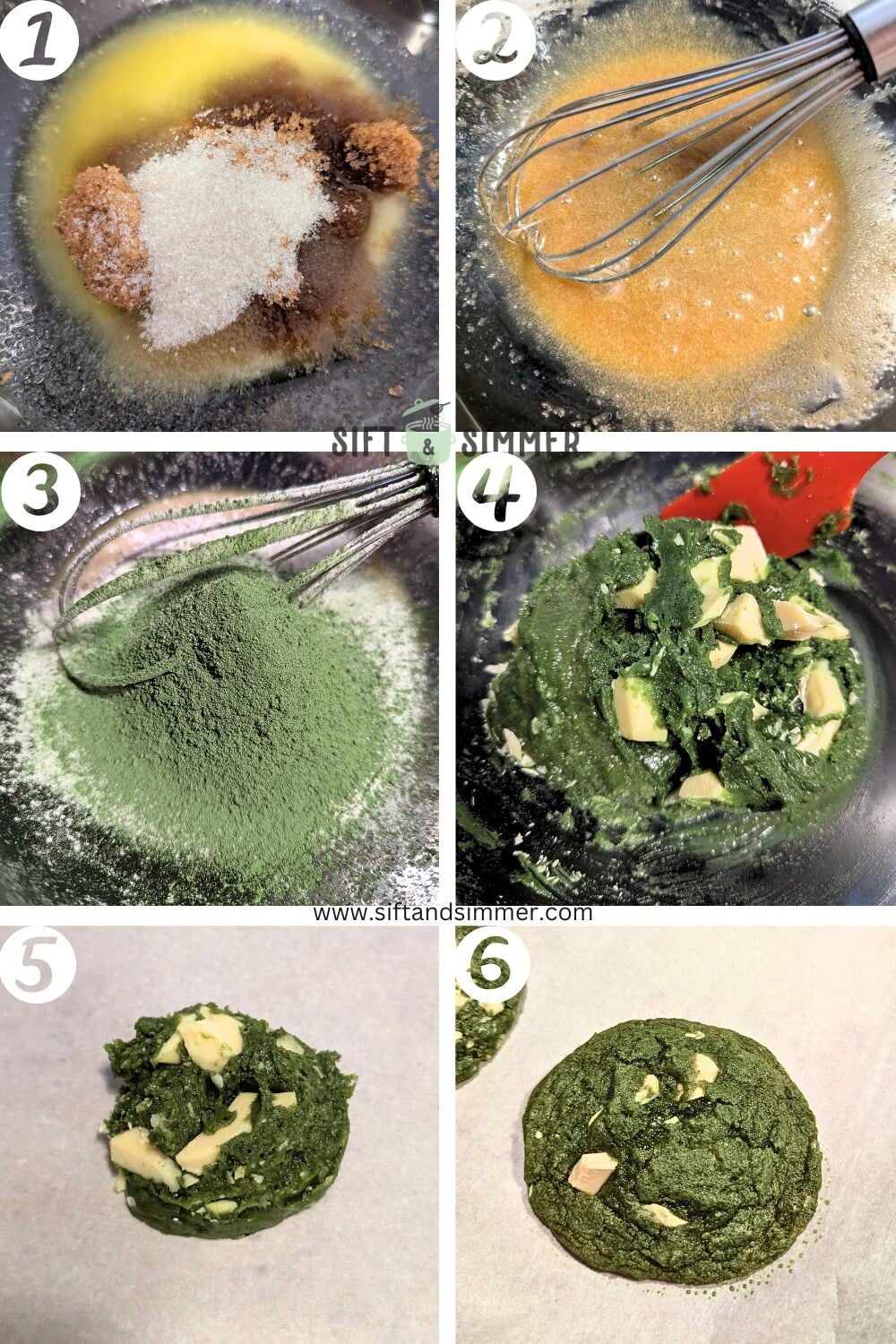 Step by step photos on how to make matcha white chocolate cookies, with number overlay.